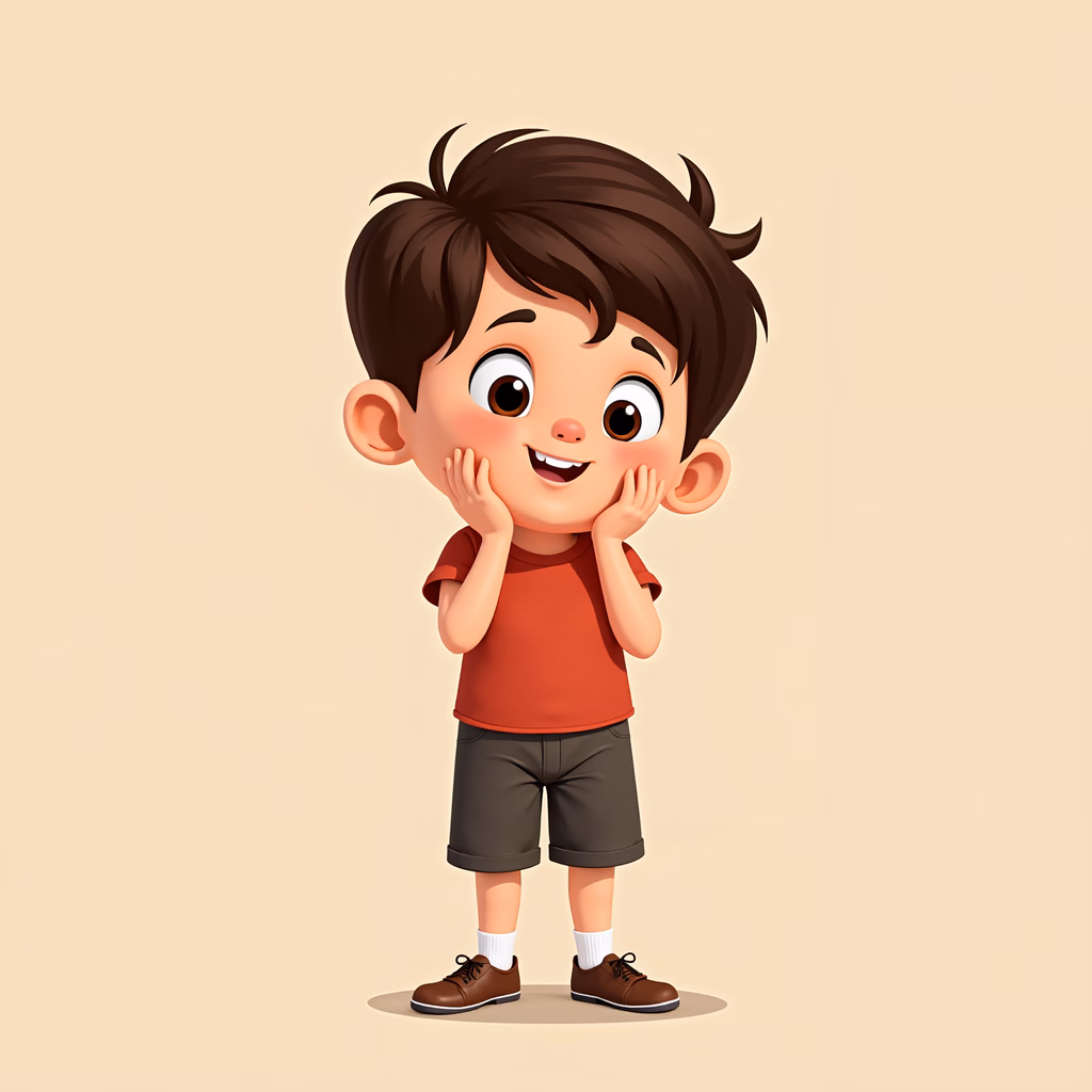 A happy cartoon boy with a bright smile and soft background.