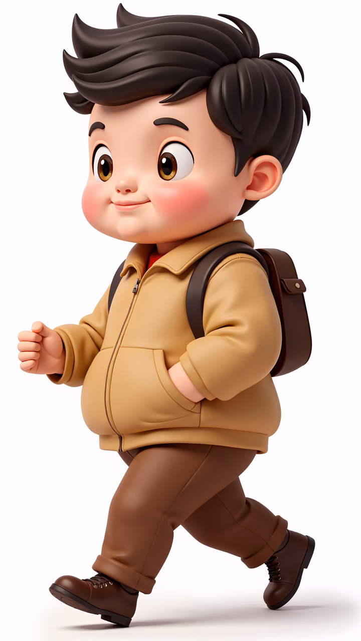 A cute cartoon boy walking with a backpack, exuding happiness and innocence.