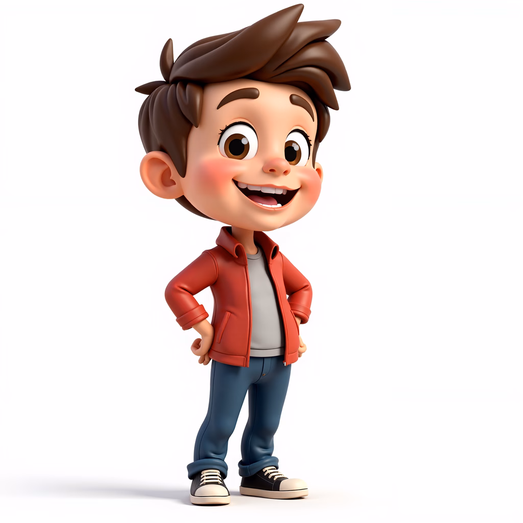 Brightly colored cartoon boy with a joyful expression, standing against a white backdrop.