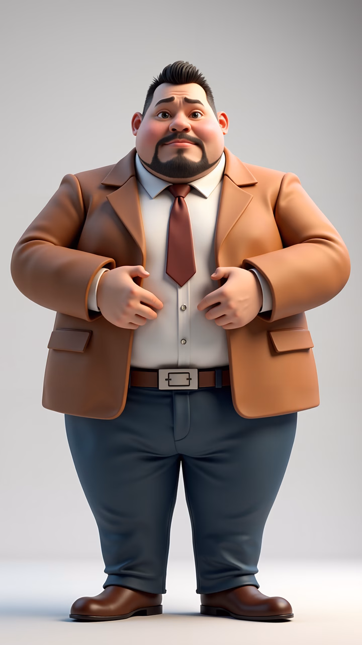 Confident cartoon businessman in a brown suit and red tie, standing with hands on hips.