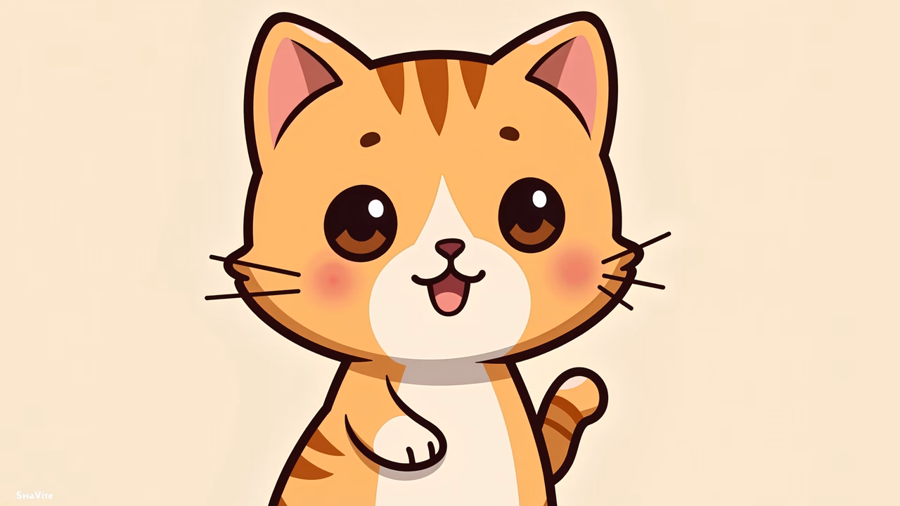 A cute cartoon cat with big eyes and a happy expression.