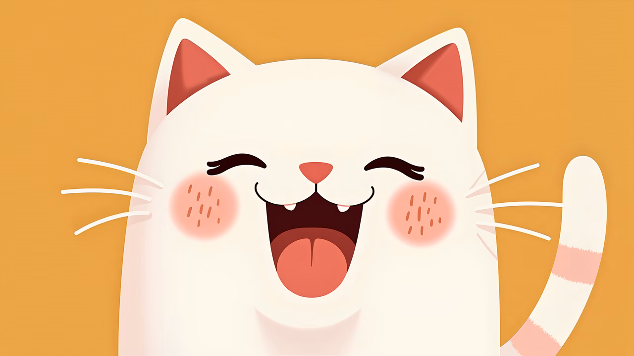 Cartoon cat laughing with pink cheeks on an orange background.