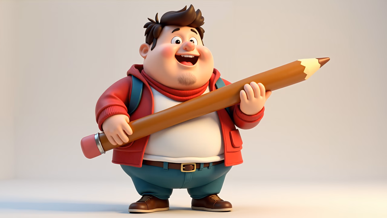 A cartoon character holding a giant pencil, exuding energy and playfulness.