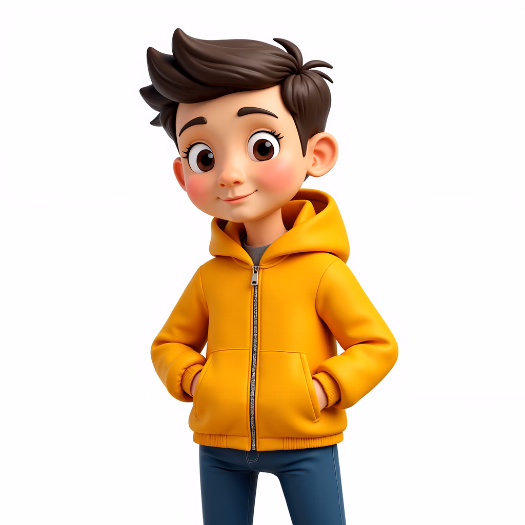 Friendly cartoon character in a bright yellow hoodie against a white backdrop.