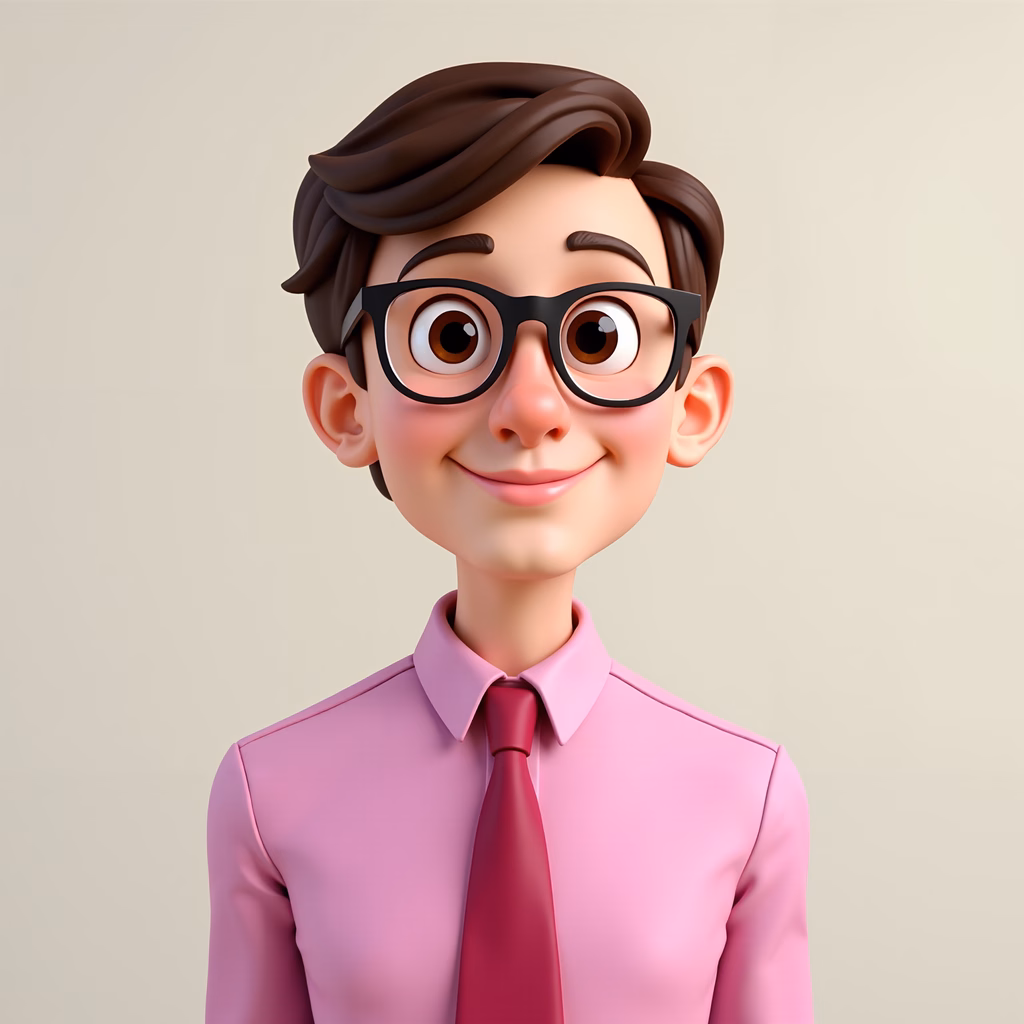 Friendly cartoon character with glasses and a pink shirt, smiling warmly.
