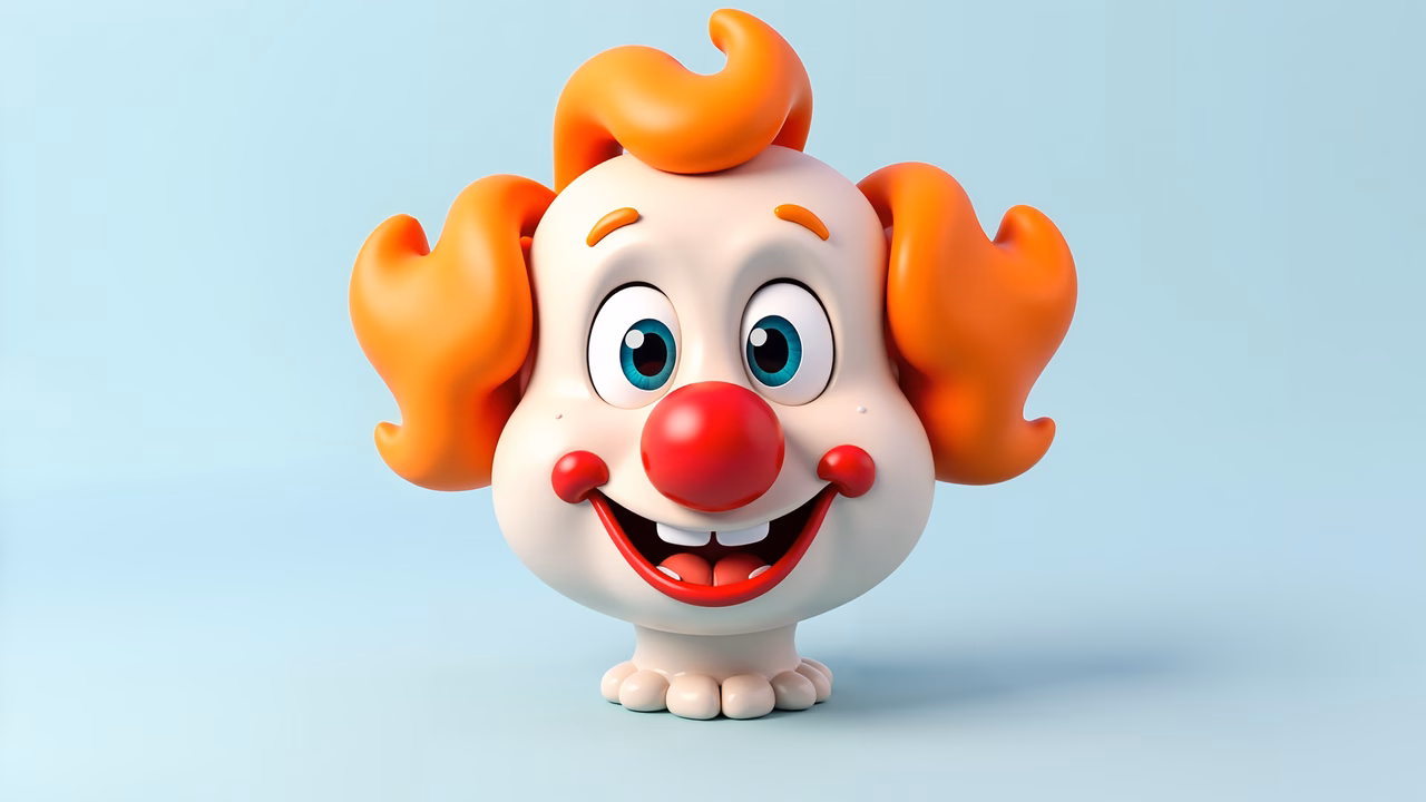 Brightly colored cartoon clown with playful expression and pastel background.