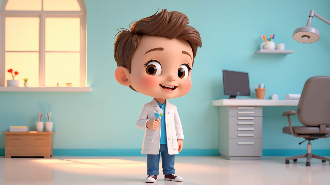 A friendly cartoon dentist in a bright dental office, ready to help!