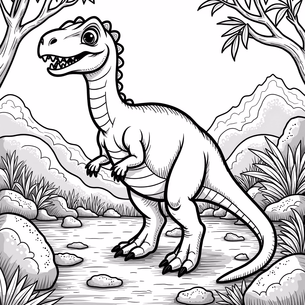 A cute, black-and-white cartoon dinosaur in a prehistoric setting.