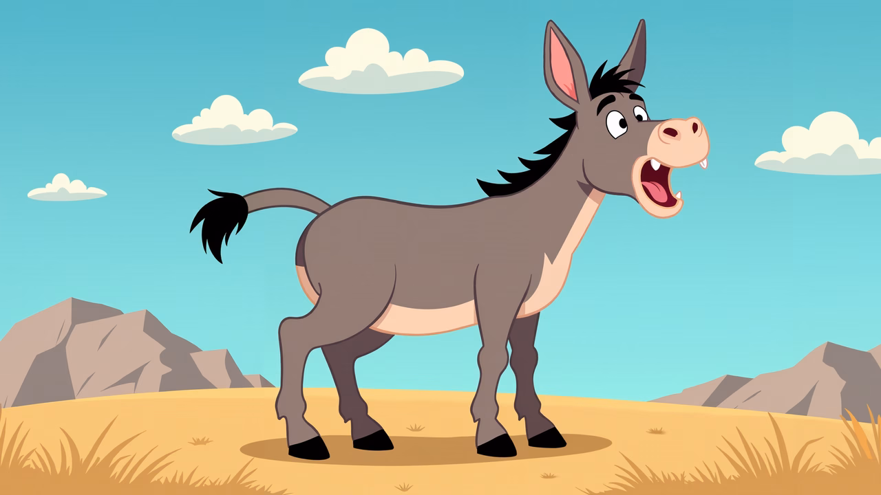 Cartoon donkey in a desert landscape with expressive features and clear sky.