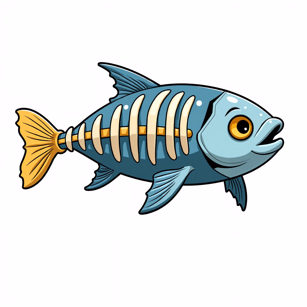 Whimsical cartoon fish skeleton with vibrant colors and expressive eyes.