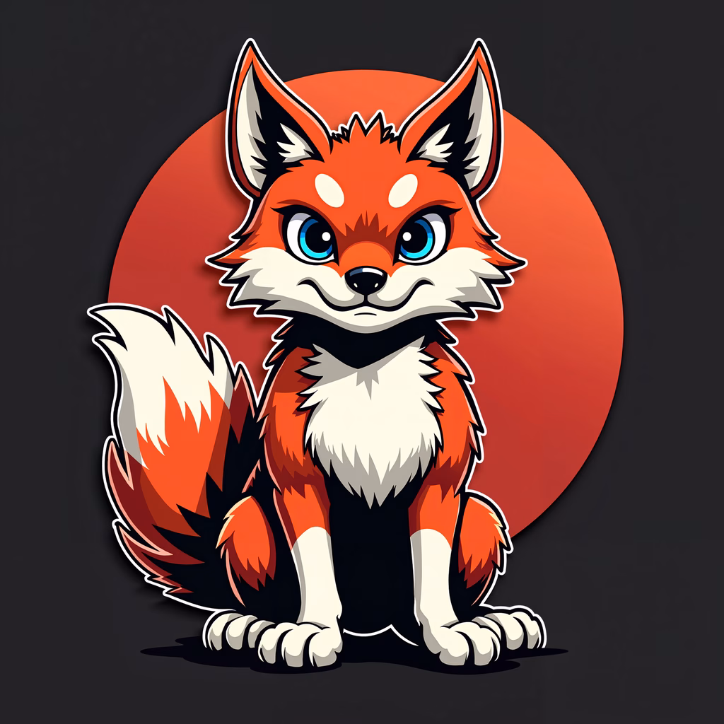 A cute cartoon fox sitting against a red circle on a dark background.