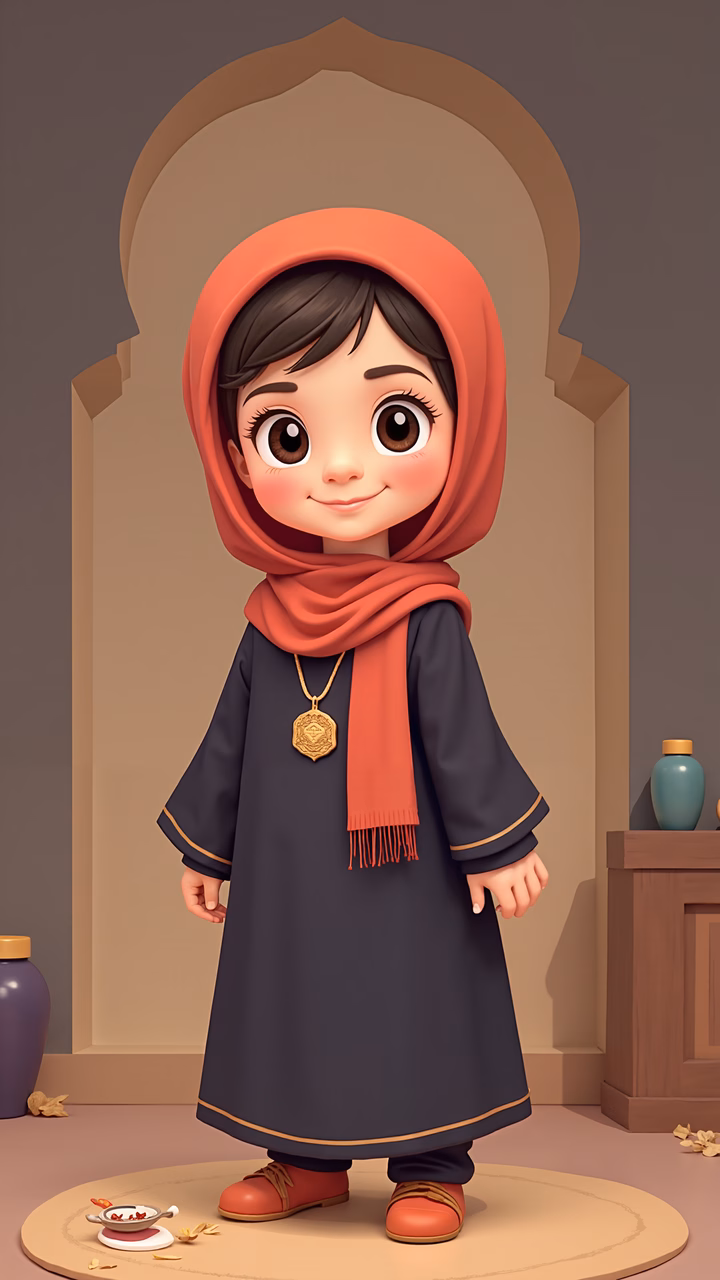 A cute girl in traditional clothing, vibrant colors, cultural charm, warm tones, children's art