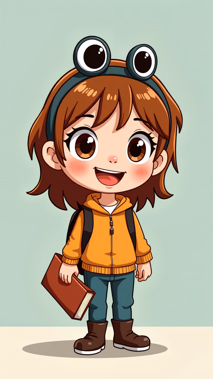 A cute cartoon girl holding a book, ready for adventure!