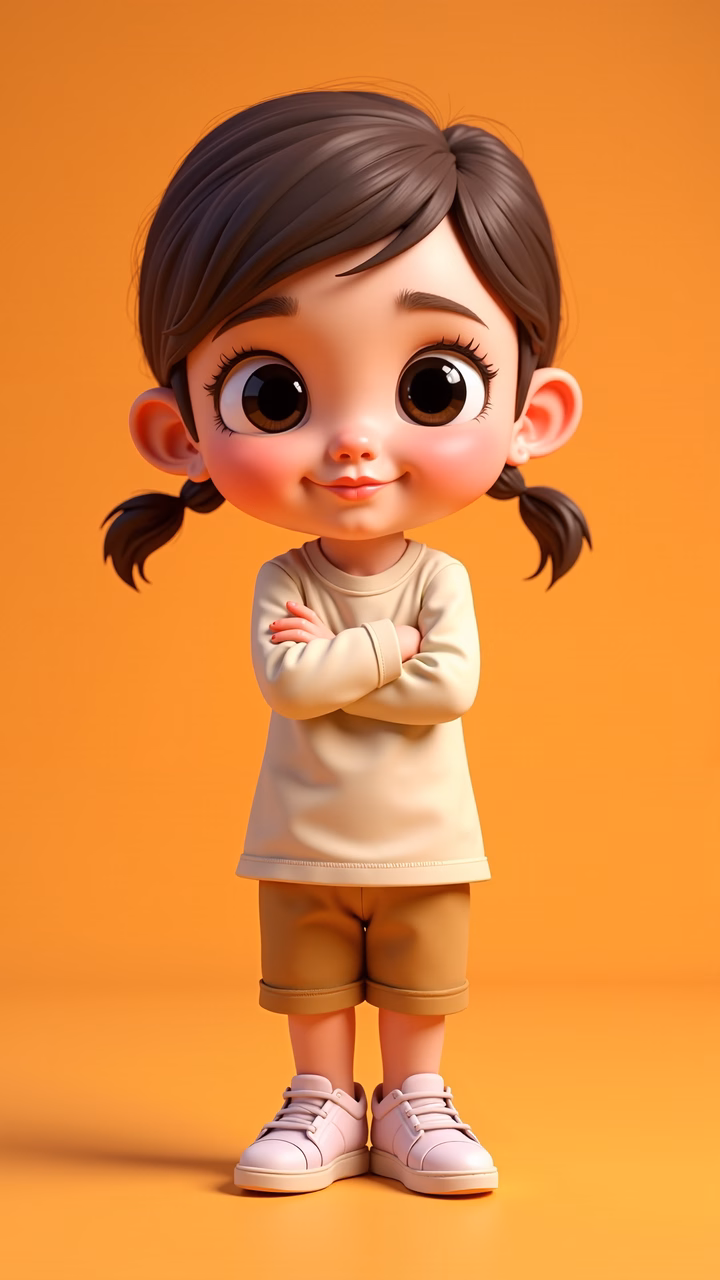 A cute cartoon girl with pigtails and a friendly smile, standing with her arms crossed against a warm orange backdrop.