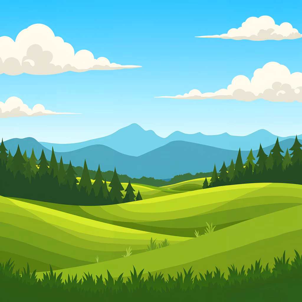 A tranquil cartoon landscape with rolling hills and evergreen trees.