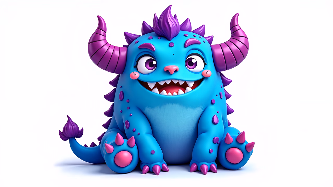 Brightly colored cartoon monster with expressive eyes and a friendly smile.