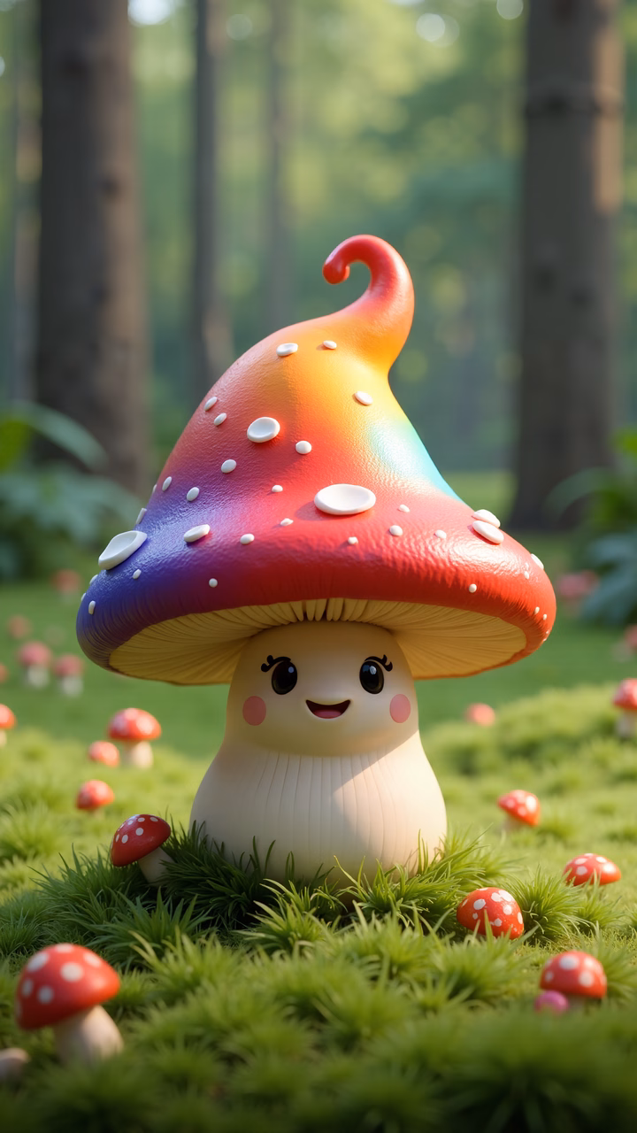 A cute, rainbow-colored mushroom character in a magical forest setting.