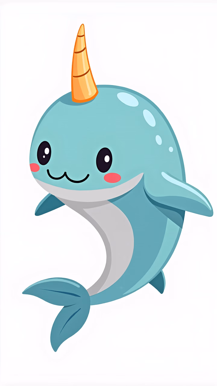 Cute narwhal with a friendly smile and a single orange tusk in a playful illustration style.