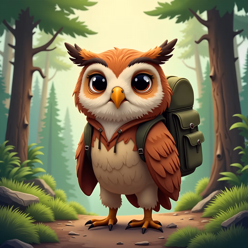 A cute cartoon owl with a backpack exploring a tranquil forest.