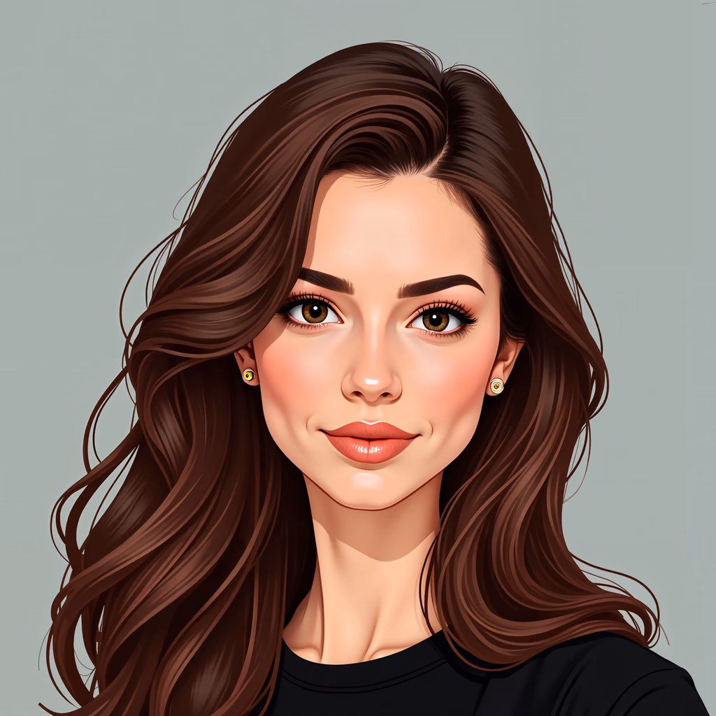 Friendly cartoon portrait with elegant hair and soft colors.
