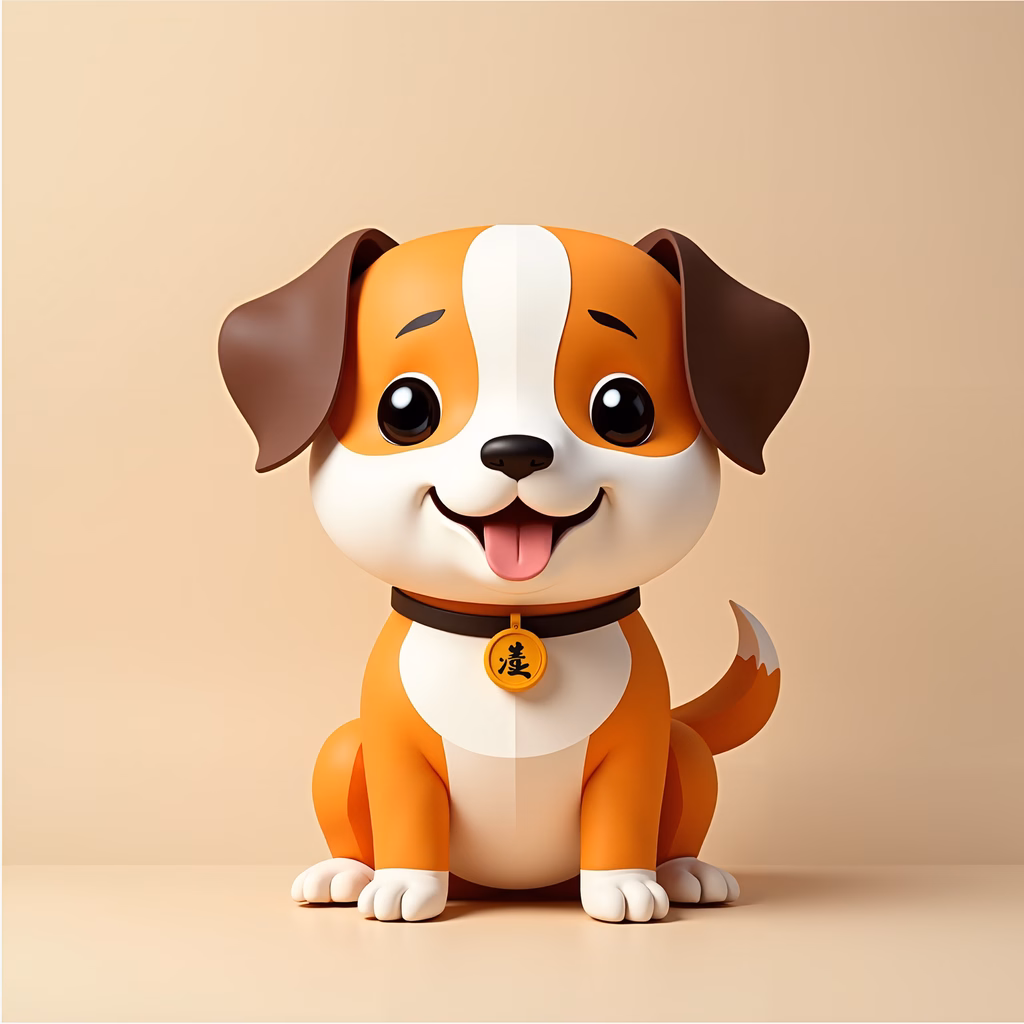 A cheerful cartoon puppy with a friendly smile and Chinese collar tag.