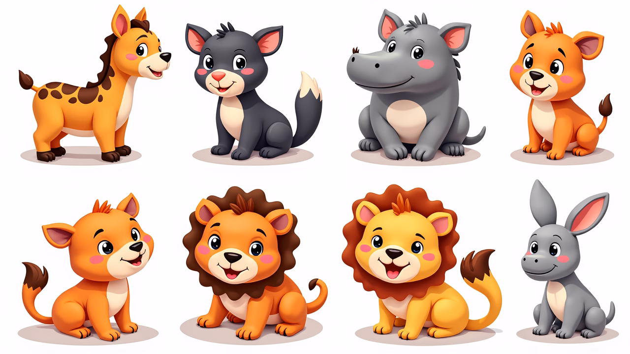 Cute cartoon safari animals in a playful and colorful illustration.