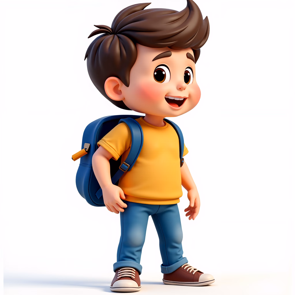 Brightly colored cartoon schoolboy ready for school day.