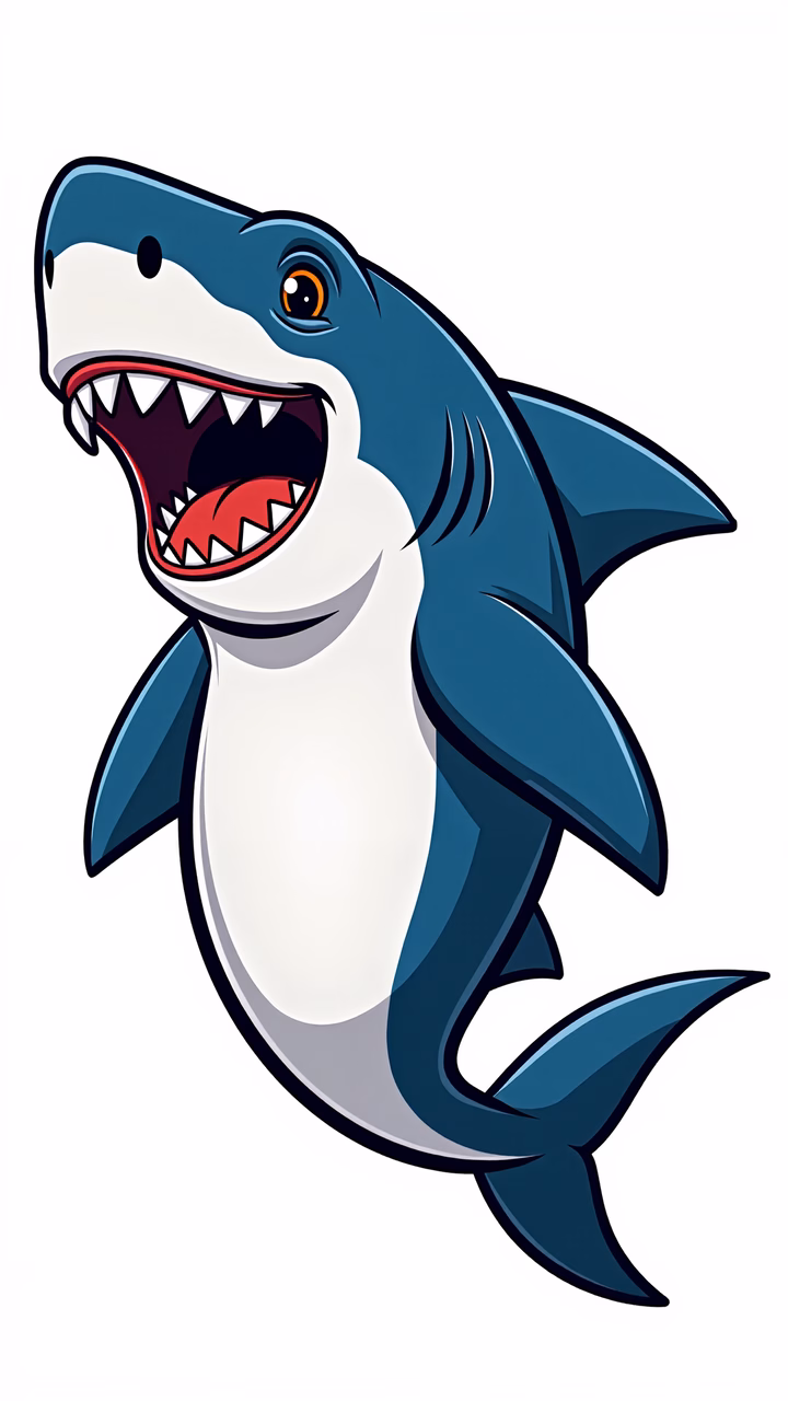 Cartoon shark with sharp teeth and expressive eyes on a white background.