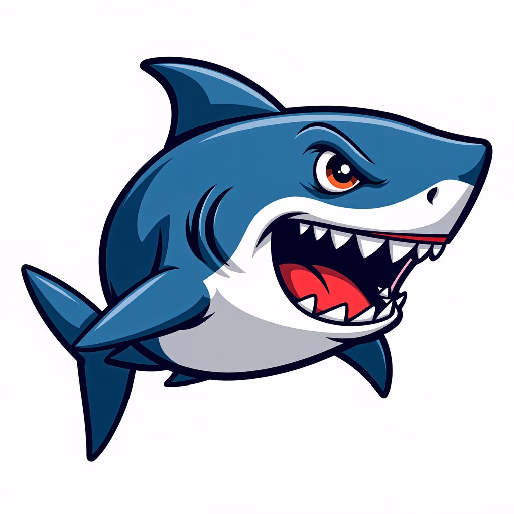 A fierce cartoon shark with sharp teeth and glowing red eyes.