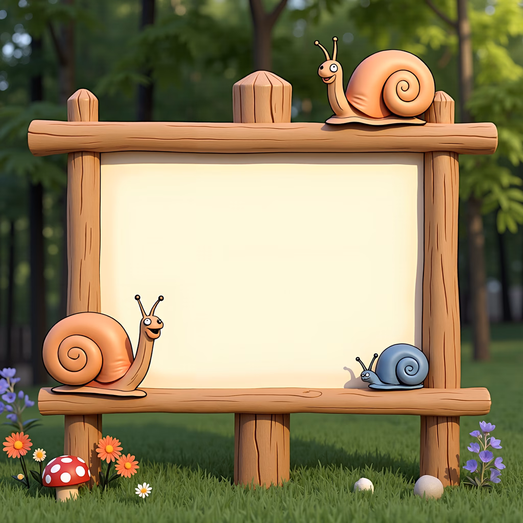 Three cute snails on a wooden sign in a colorful forest setting.