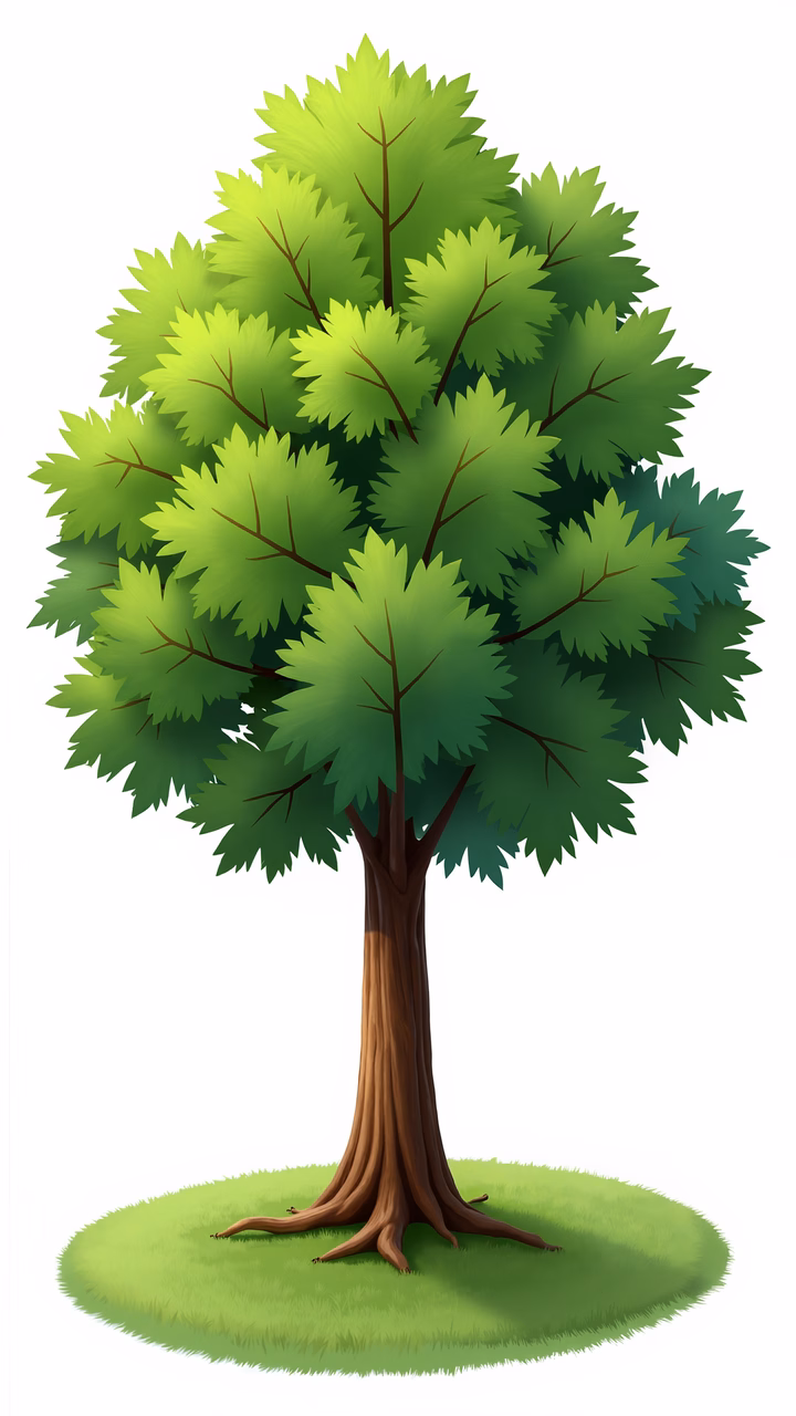 Bright green cartoon tree with detailed leaves and sturdy trunk.
