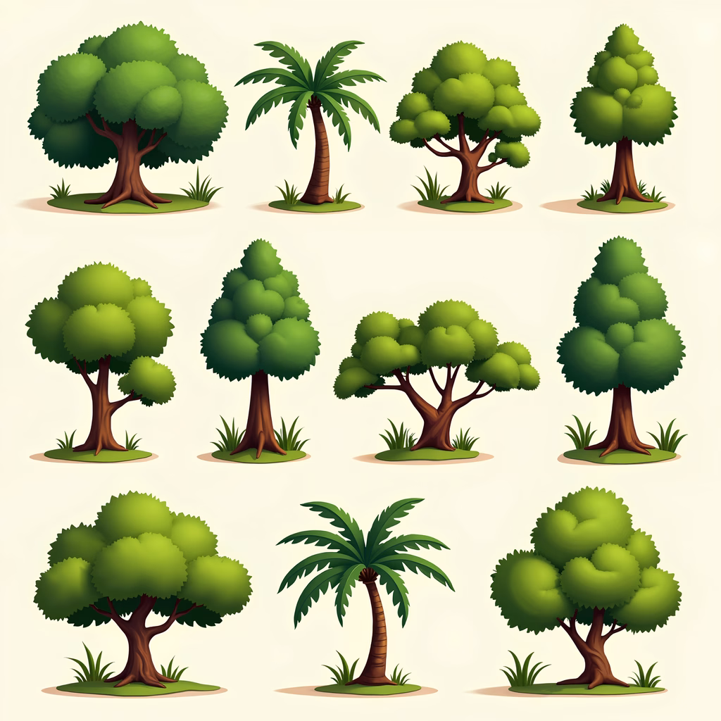 Vibrant, stylized trees in a playful nature illustration.