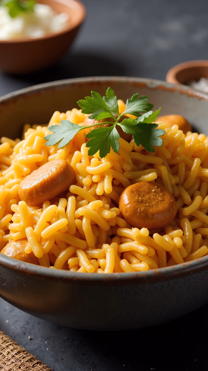 Creamy pasta with sausage and parsley, ready to eat.