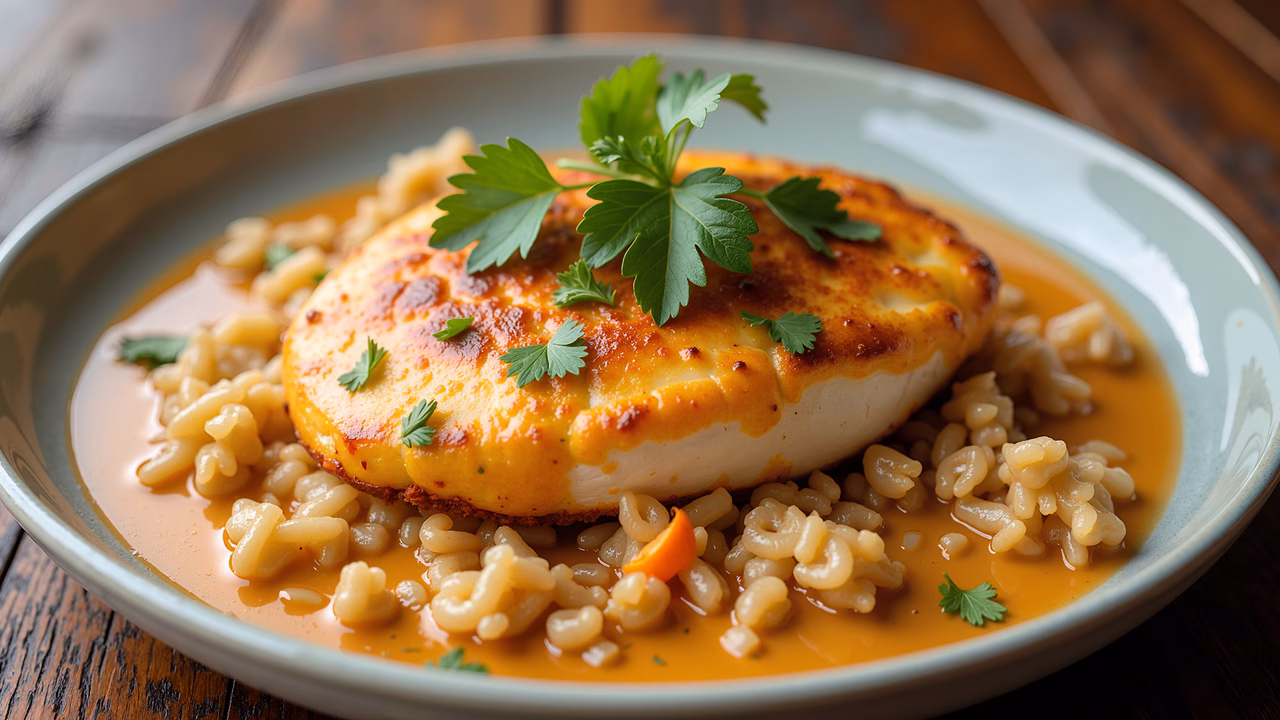 Golden chicken breast with creamy barley risotto, garnished with parsley.