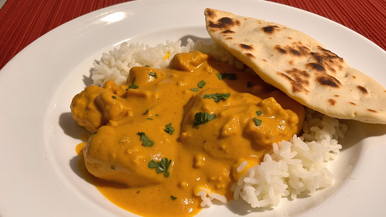 Tender chicken in creamy yellow sauce with cilantro and naan bread.