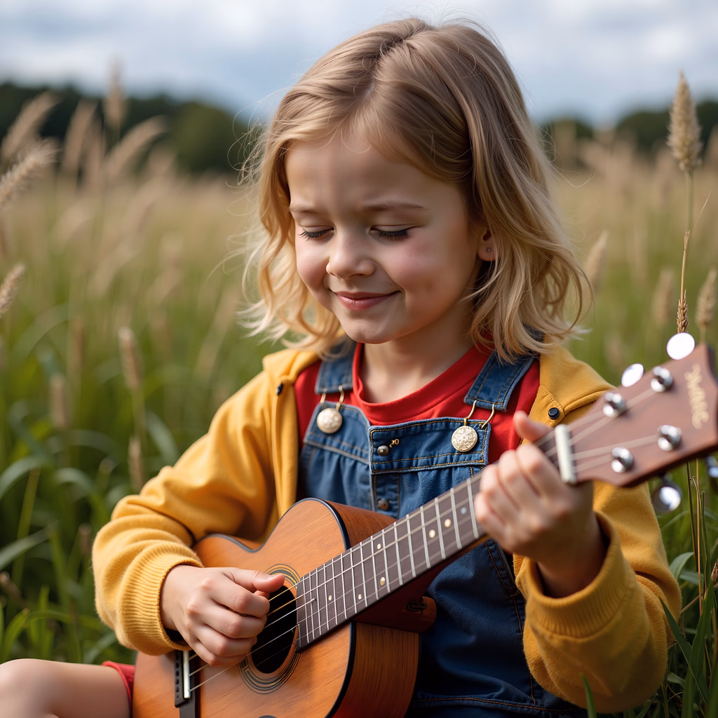 A child playing guitar in a field, exuding joy and tranquility.