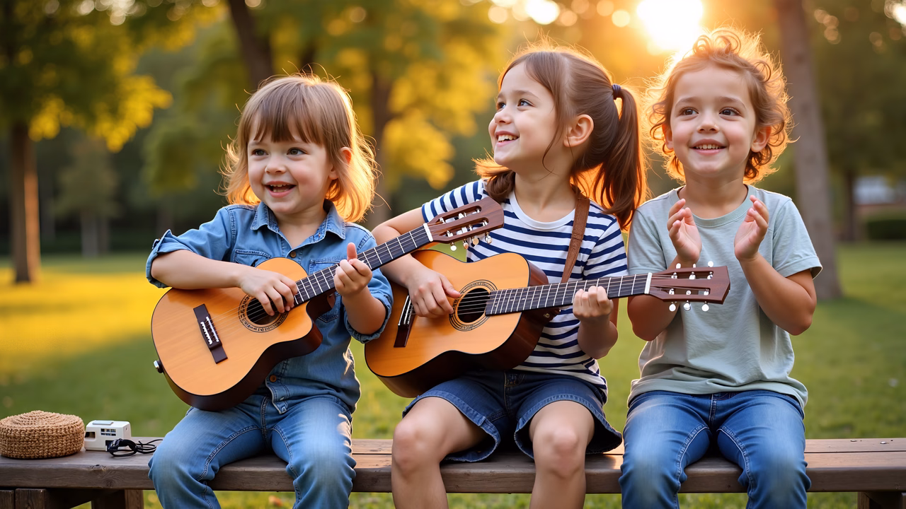 Three children playing guitars in a sunny park setting.