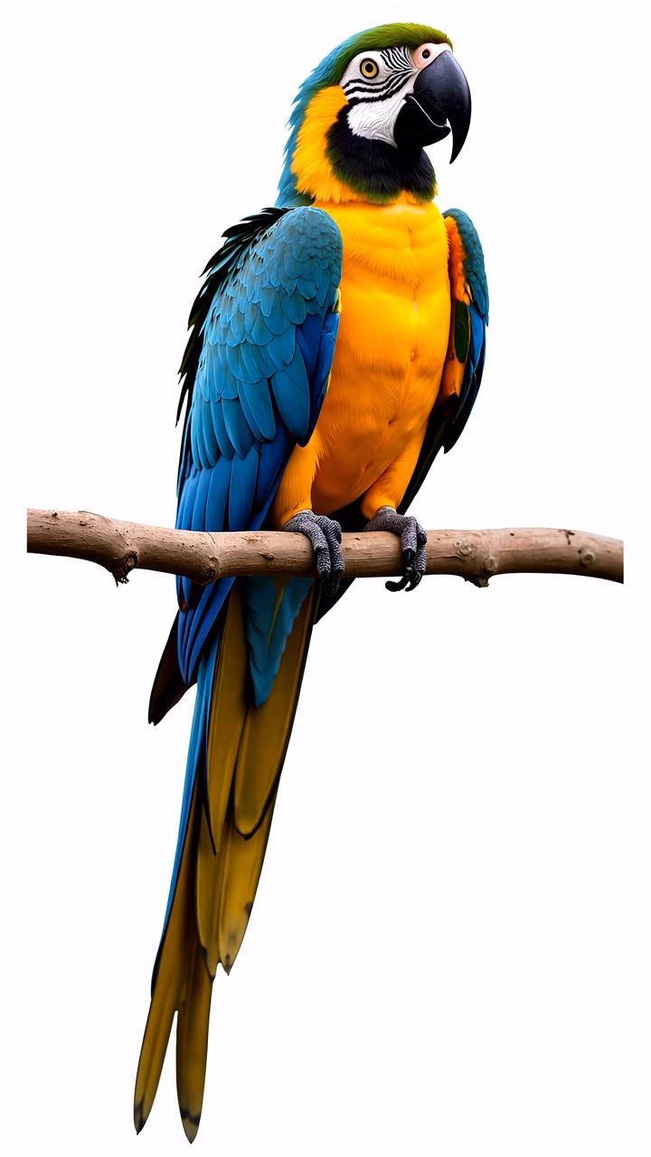 Vibrant macaw perched on a branch, striking blue and yellow plumage, clean white background.