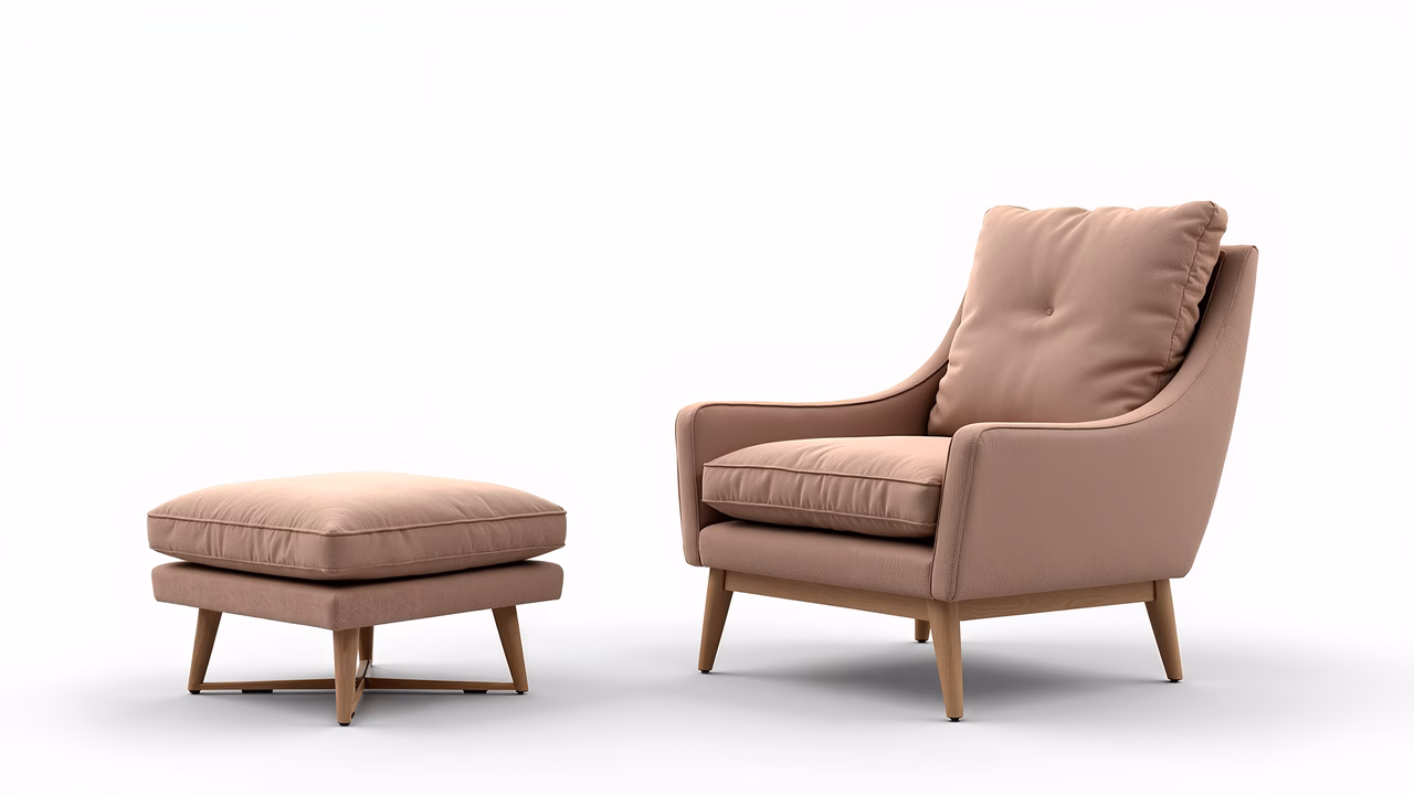 Modern beige armchair and ottoman set for comfort and style.