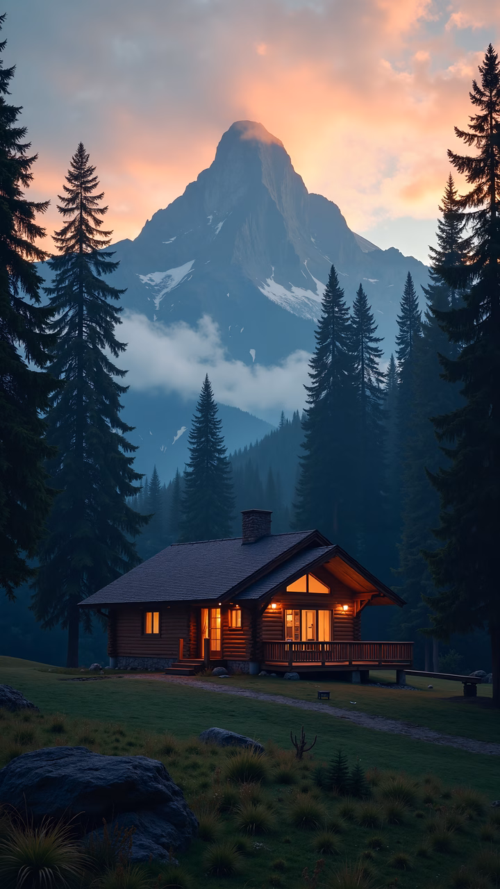 A cozy cabin surrounded by towering evergreens under a vibrant sunset sky.