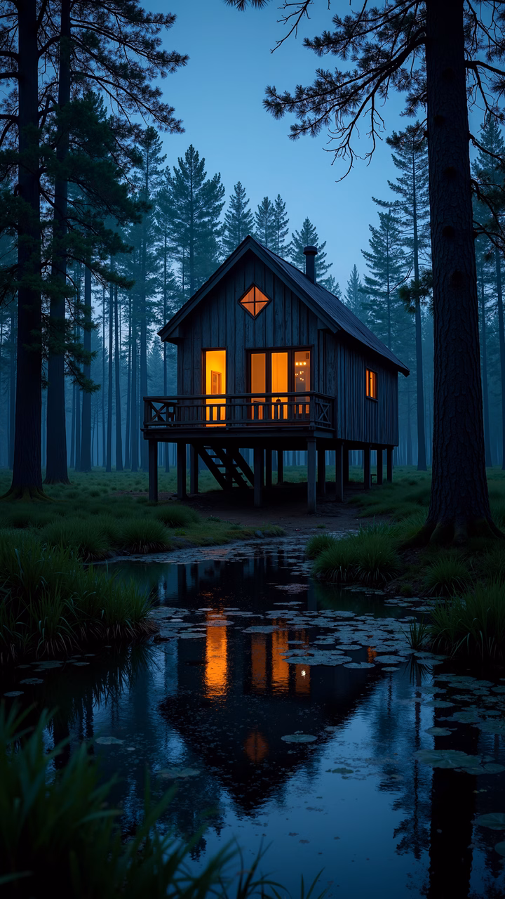 A tranquil, illuminated cabin in a forest setting, reflecting warmth amidst serenity.