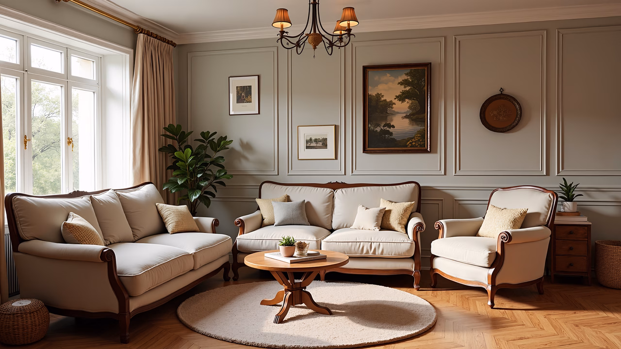 A tranquil and cozy living room with neutral tones and elegant furnishings.