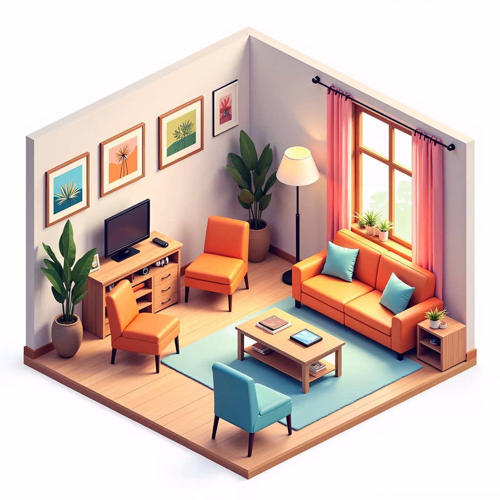 A lively and inviting living room scene with warm and cool tones.