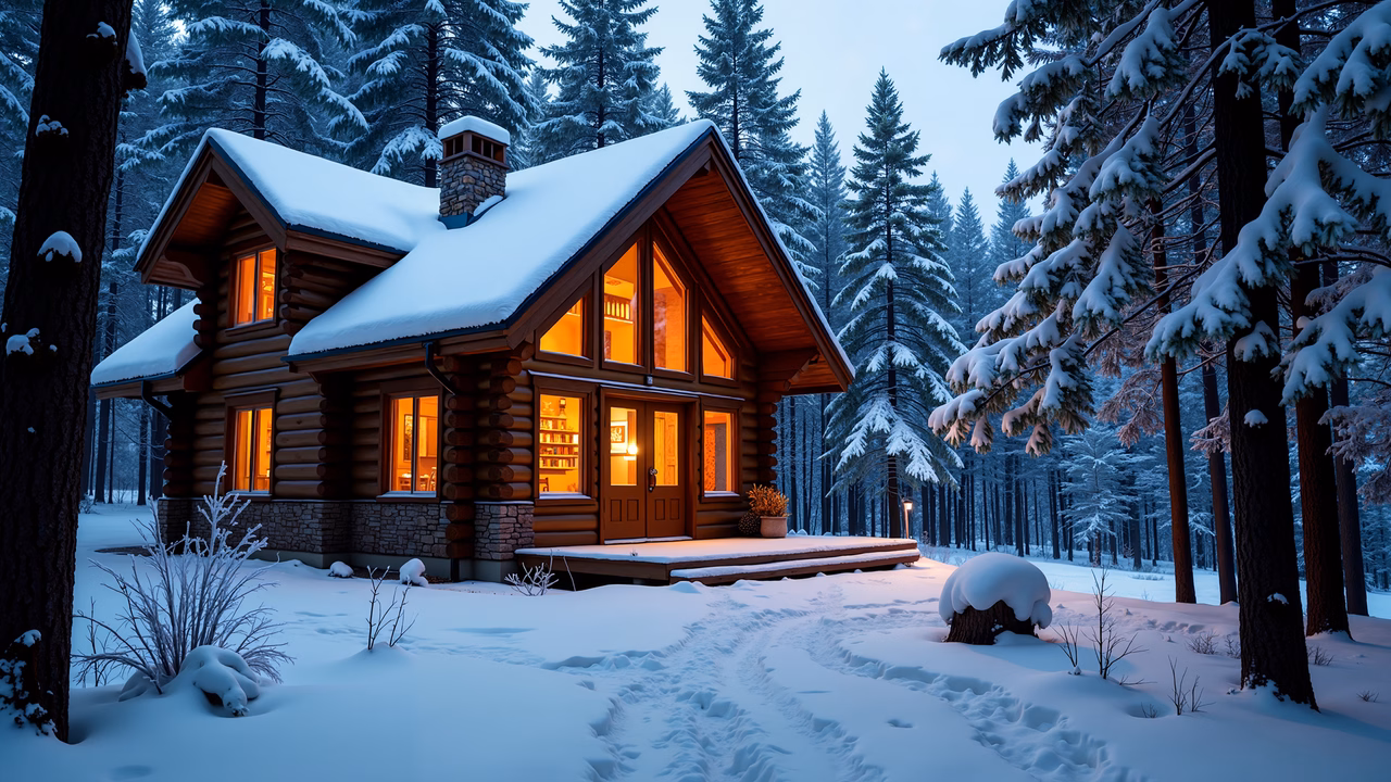 Warm cabin in a snowy forest, inviting and serene.