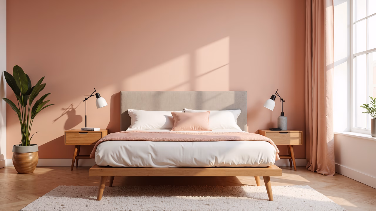 A tranquil minimalist bedroom with soft peach walls and natural wood accents.