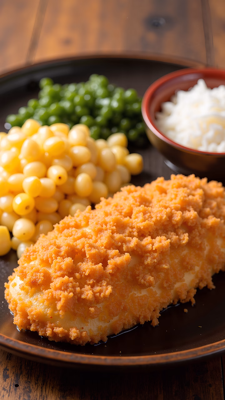 Close-up of crispy breaded chicken with peas and rice, showcasing delicious textures and colors.