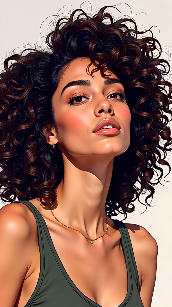 A detailed illustration of a woman with curly hair, wearing a green tank top and a gold necklace, exuding elegance and warmth.
