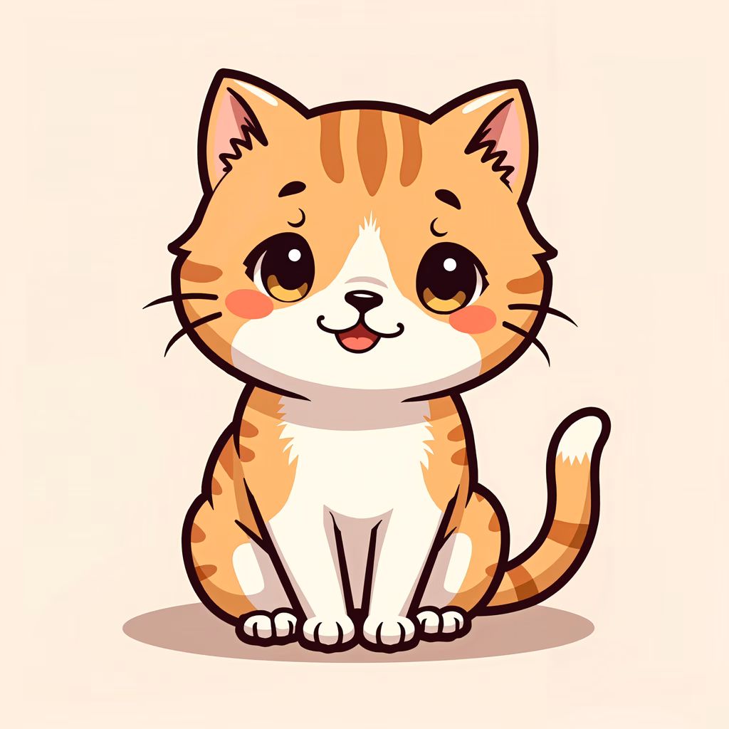 A sweet, cartoon-style cat with big eyes and a cheerful expression.