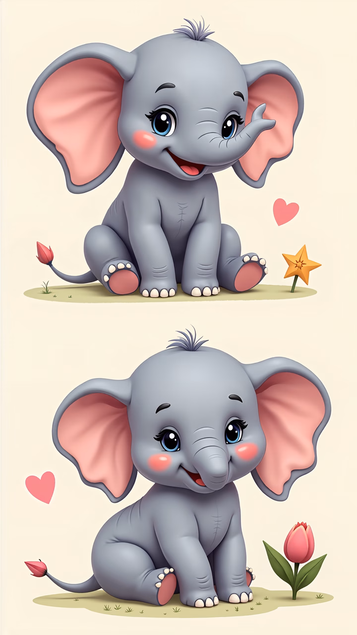 Two cute baby elephants sitting on a green patch with pink flowers and a yellow star, evoking a sense of innocence and joy.