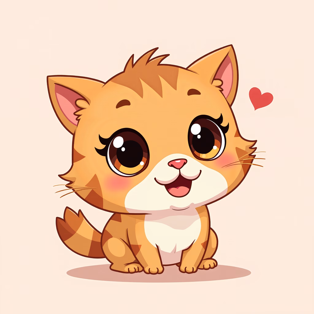 A sweet, cartoon-style kitten with big eyes and a happy expression.